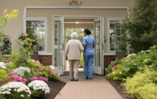 An elderly woman and caregiver walking inside the front door of a senior living community