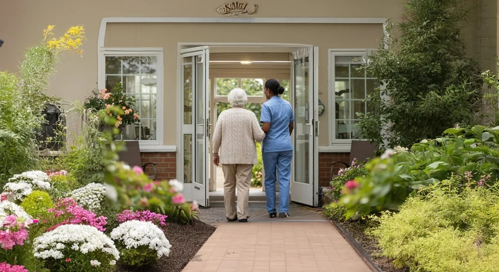 An elderly woman and caregiver walking inside the front door of a senior living community